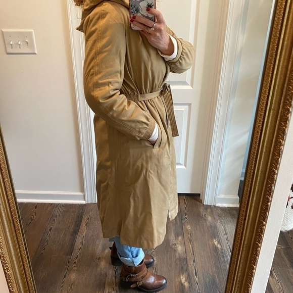 Vintage tan faux fur trim button up cinched waist Hooded coat Cotton - Picture 5 of 8
